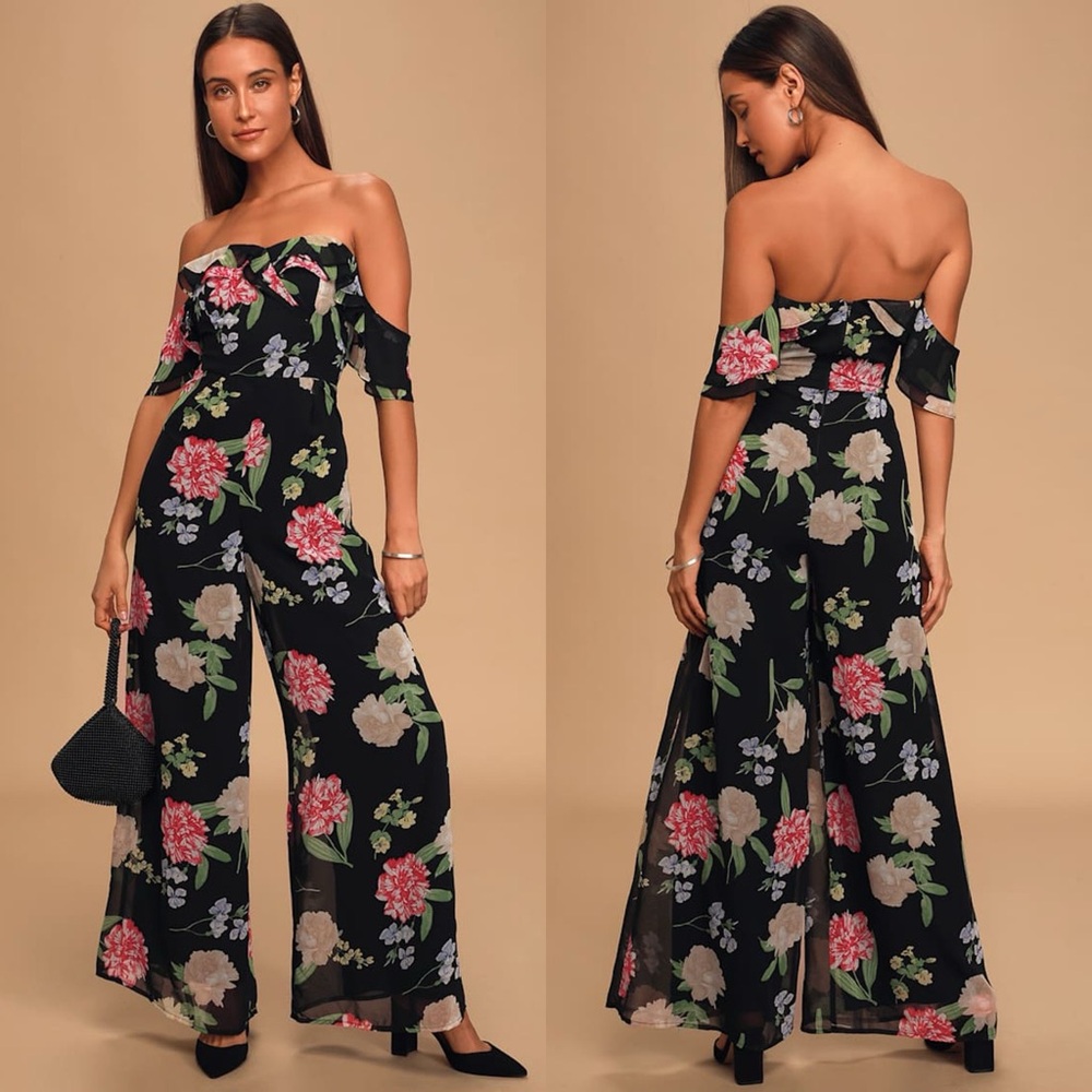 Lulus | Florally Impressed Black Floral Print Off-the-Shoulder Jumpsuit